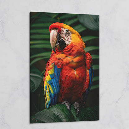 Scarlet Macaw on Emerald Leaf Canvas Print on gallery wrap