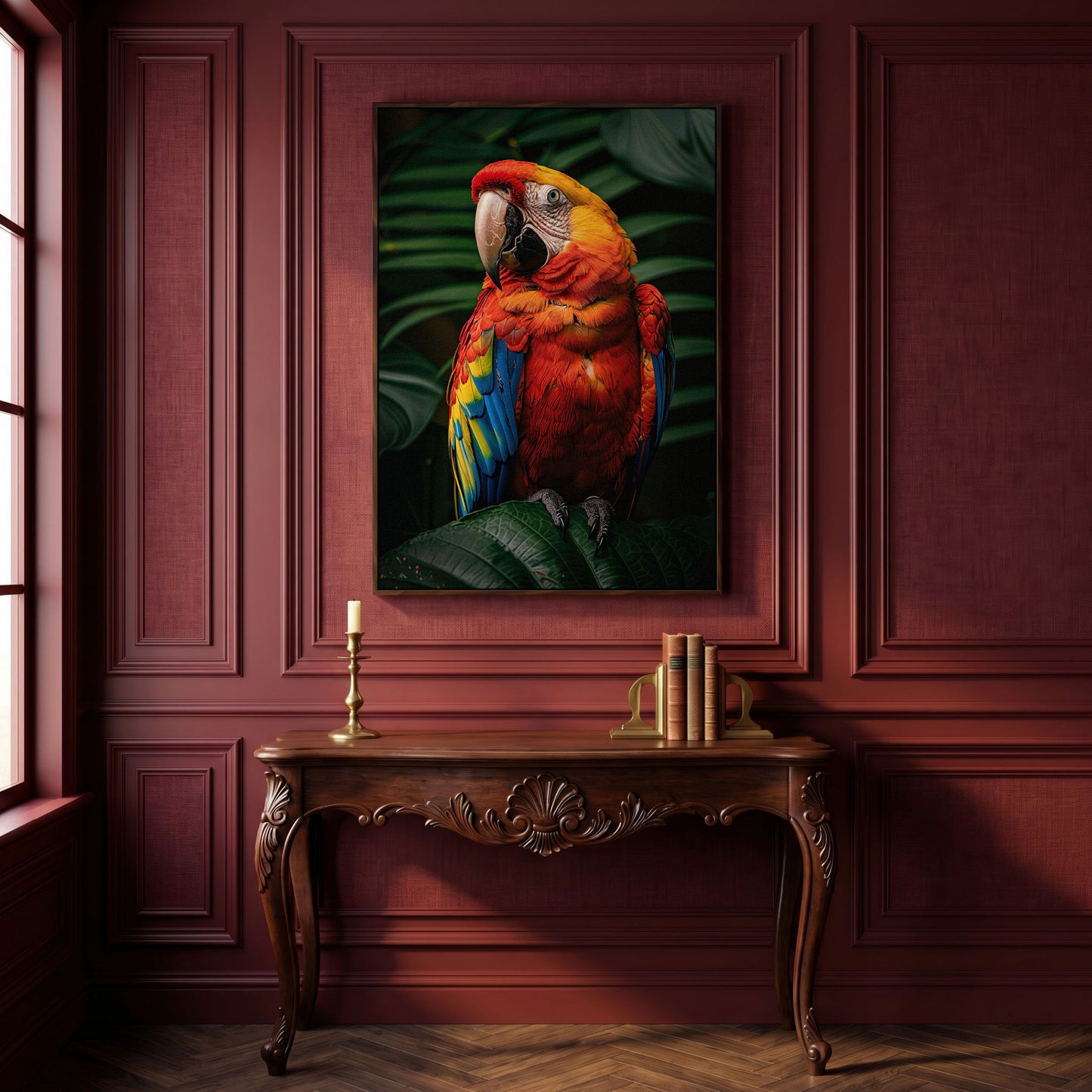 Scarlet Macaw on Emerald Leaf Canvas Print in dark walnut floating frame