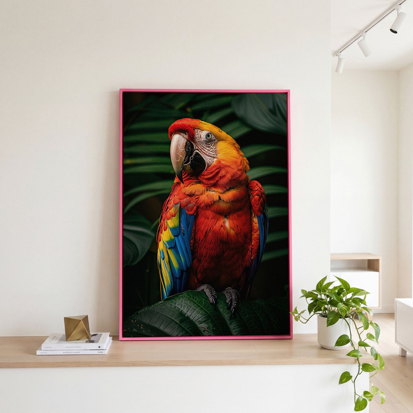 Scarlet Macaw on Emerald Leaf Canvas Print in pink floating frame