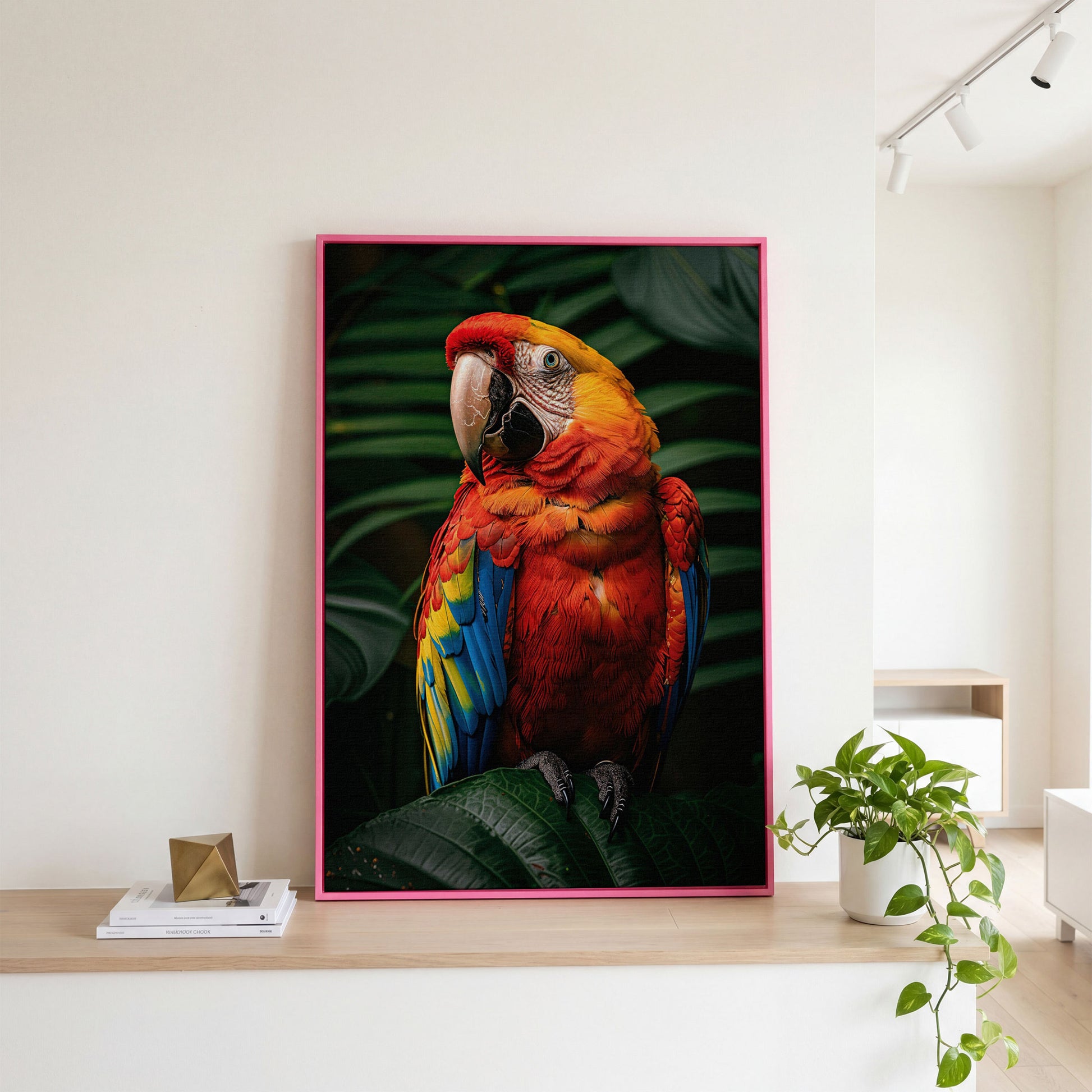 Scarlet Macaw on Emerald Leaf Canvas Print in pink floating frame