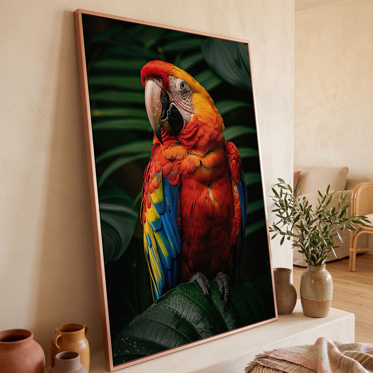 Scarlet Macaw on Emerald Leaf Canvas Print in rose gold floating frame