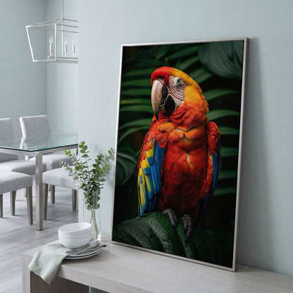 Scarlet Macaw on Emerald Leaf Canvas Print in silver floating frame