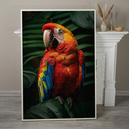 Scarlet Macaw on Emerald Leaf Canvas Print in white floating frame