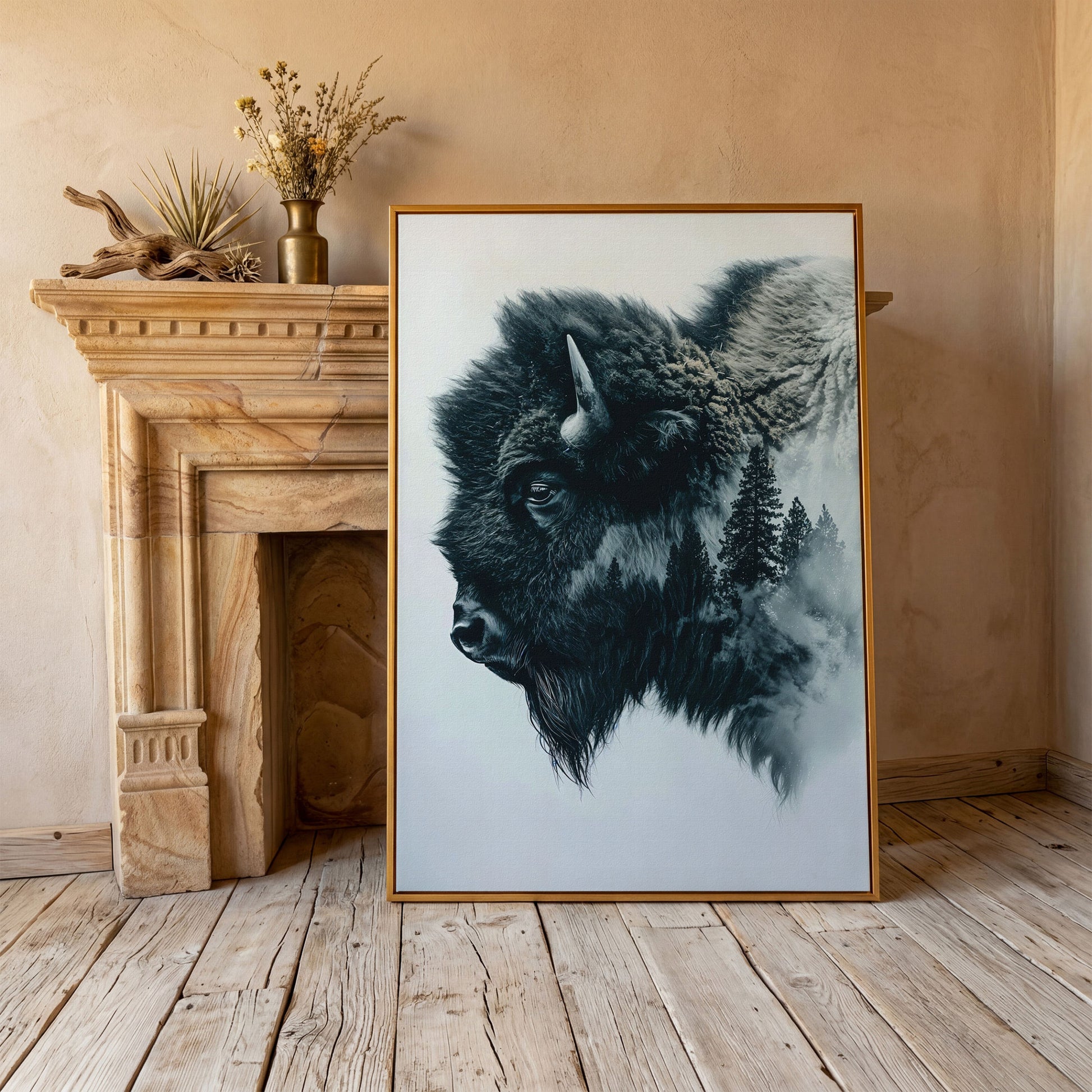 American Buffalo & Foggy Forest Double Exposure Canvas in antique gold floating frame