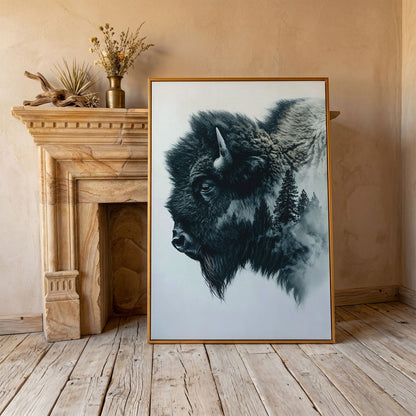 American Buffalo & Foggy Forest Double Exposure Canvas in antique gold floating frame