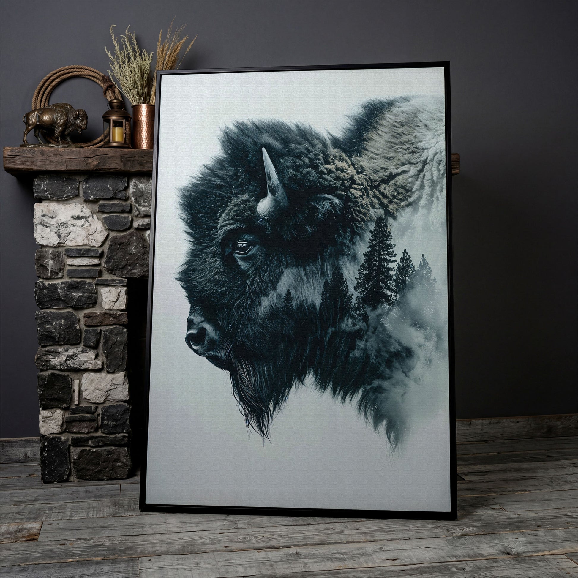 American Buffalo & Foggy Forest Double Exposure Canvas in black floating frame