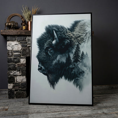 American Buffalo & Foggy Forest Double Exposure Canvas in black floating frame