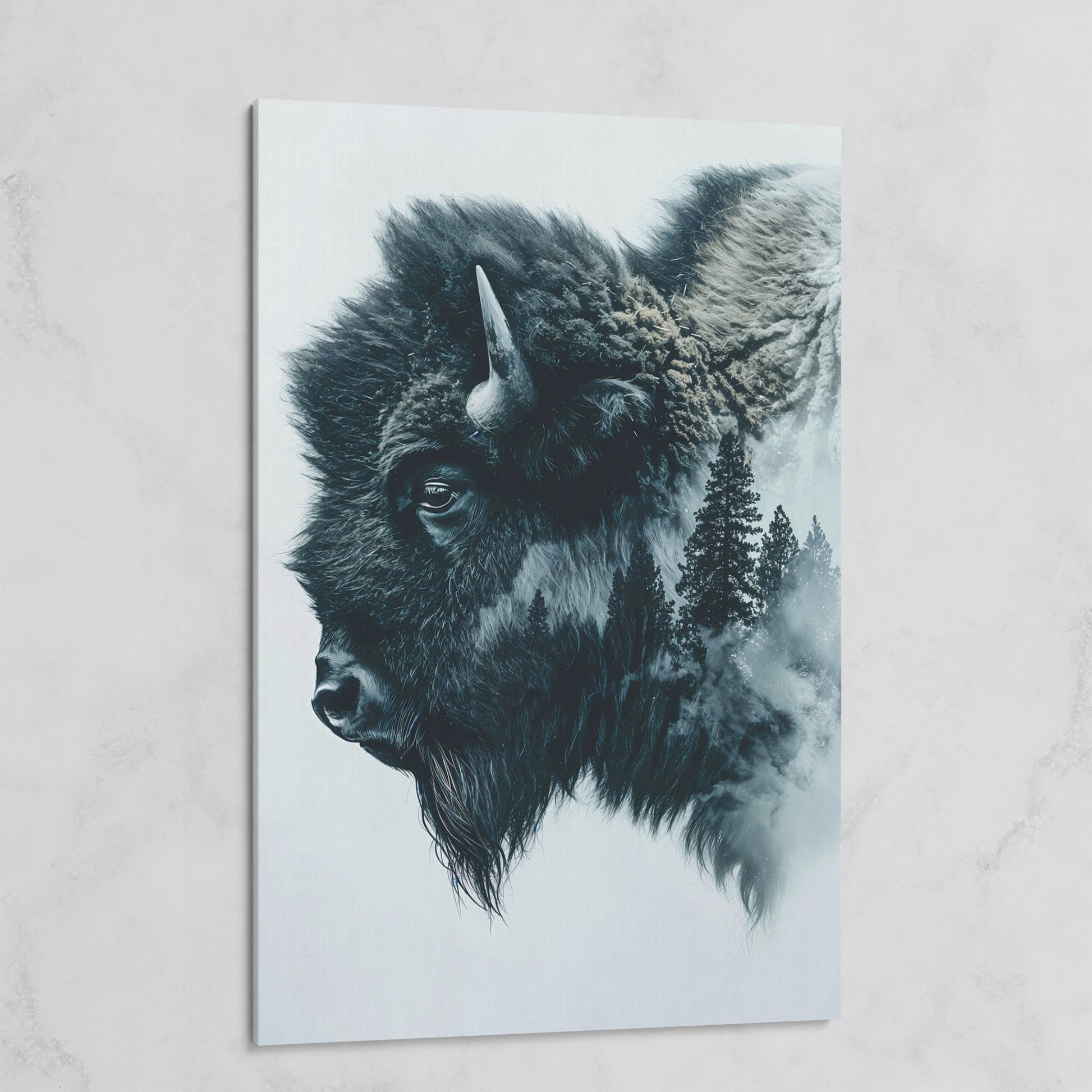 American Buffalo & Foggy Forest Double Exposure Canvas on gallery wrap