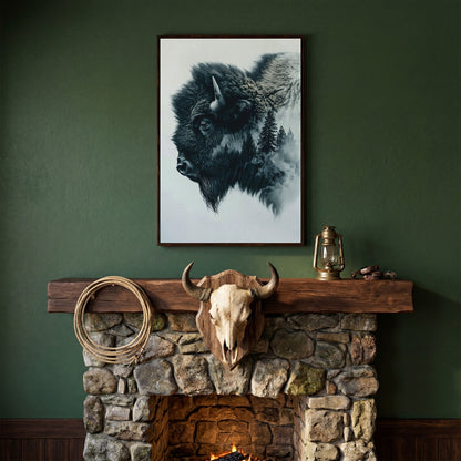 American Buffalo & Foggy Forest Double Exposure Canvas in dark walnut floating frame