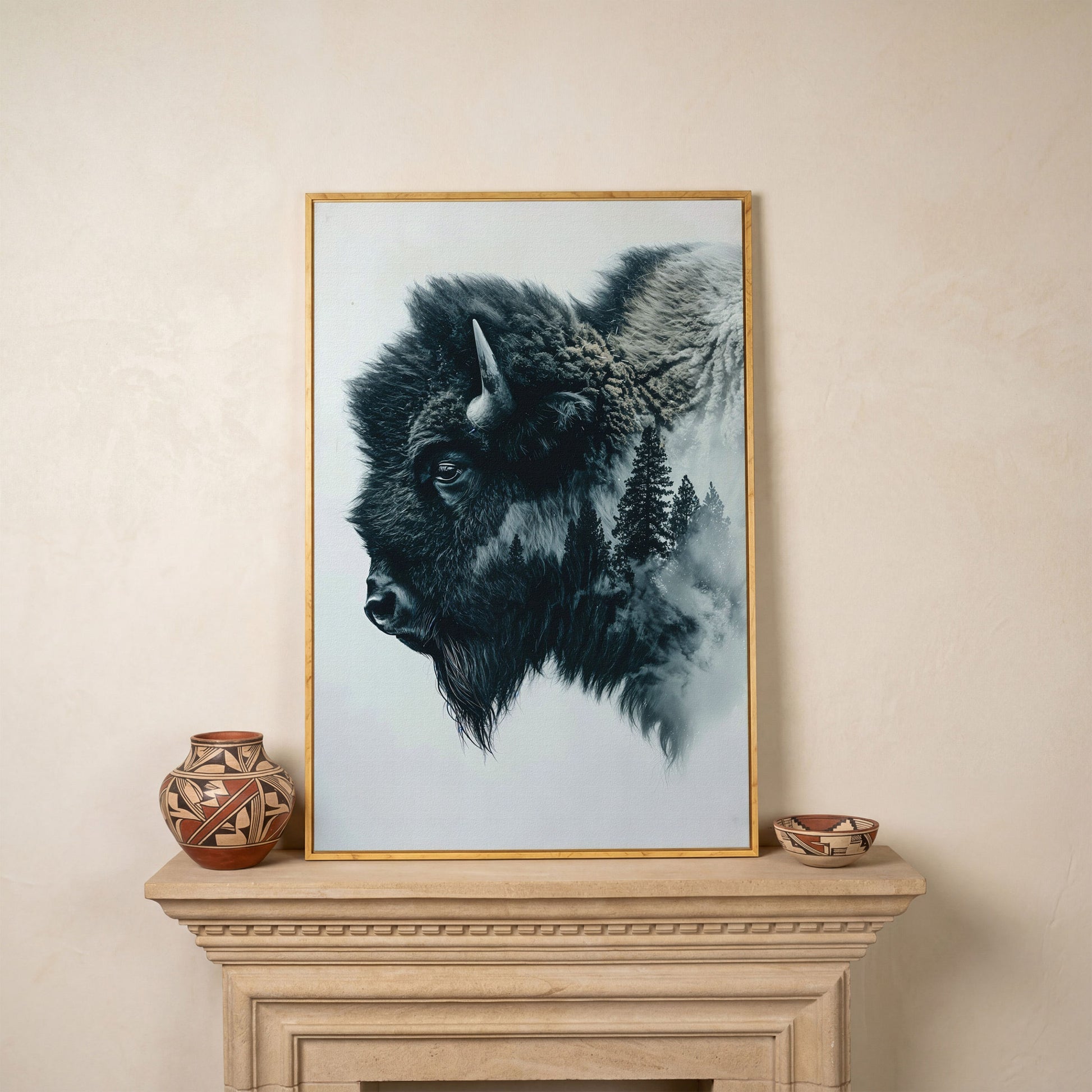 American Buffalo & Foggy Forest Double Exposure Canvas in white oak floating frame