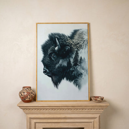 American Buffalo & Foggy Forest Double Exposure Canvas in white oak floating frame