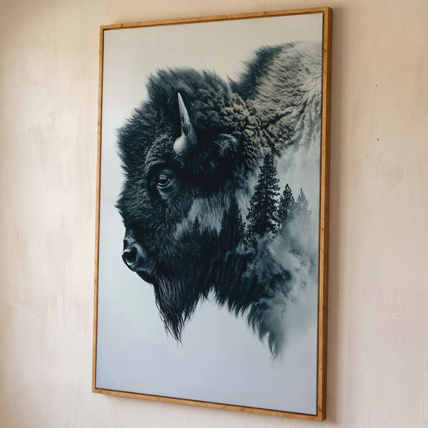 American Buffalo & Foggy Forest Double Exposure Canvas shown in white oak floating frame