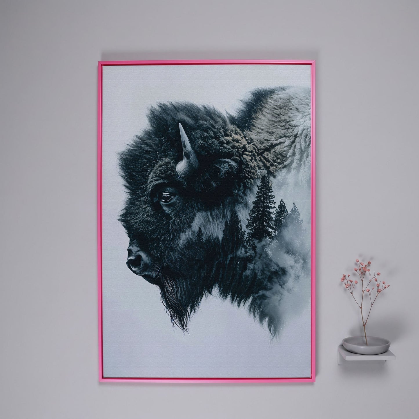 American Buffalo & Foggy Forest Double Exposure Canvas in pink floating frame