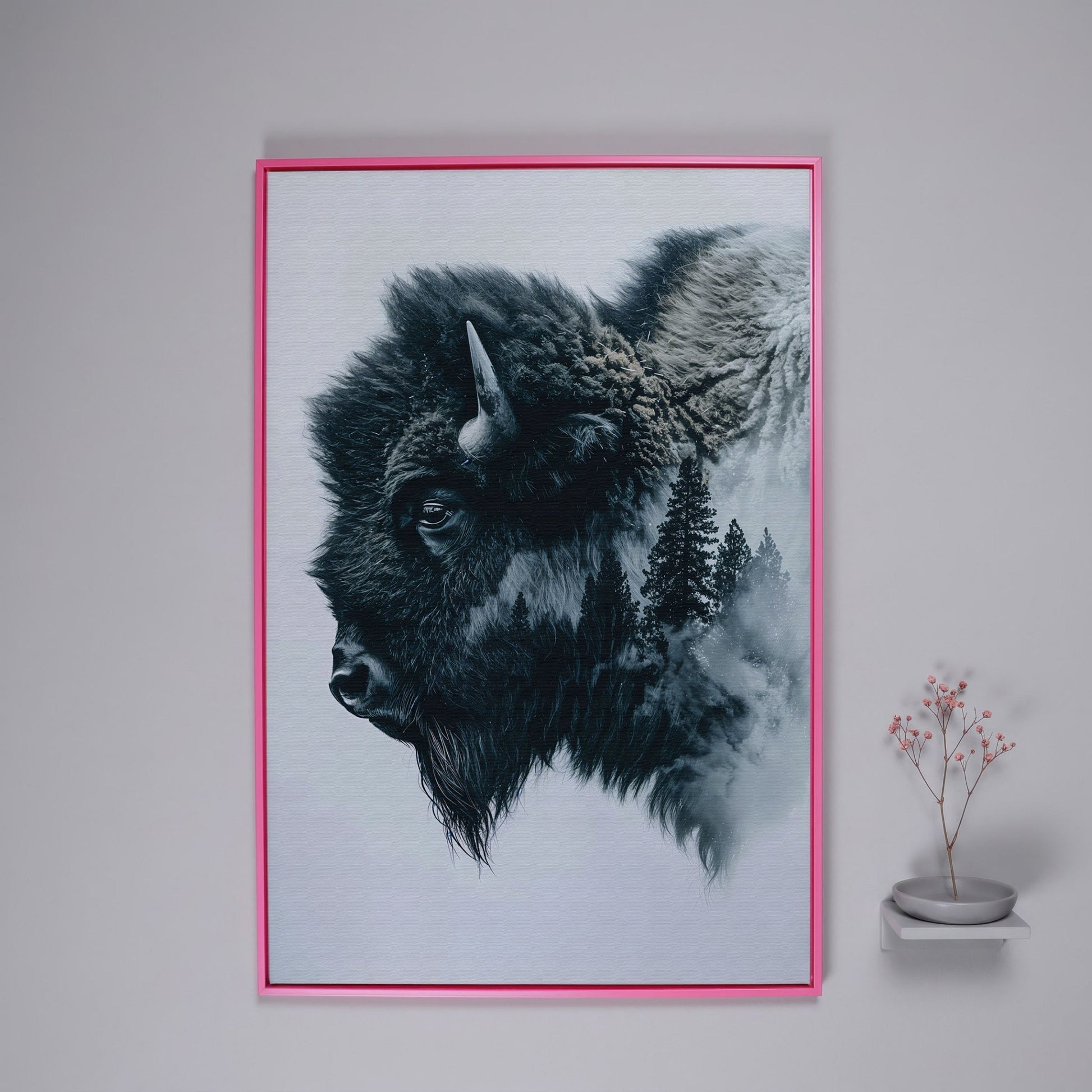 American Buffalo & Foggy Forest Double Exposure Canvas in pink floating frame