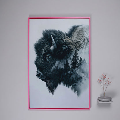 American Buffalo & Foggy Forest Double Exposure Canvas in pink floating frame