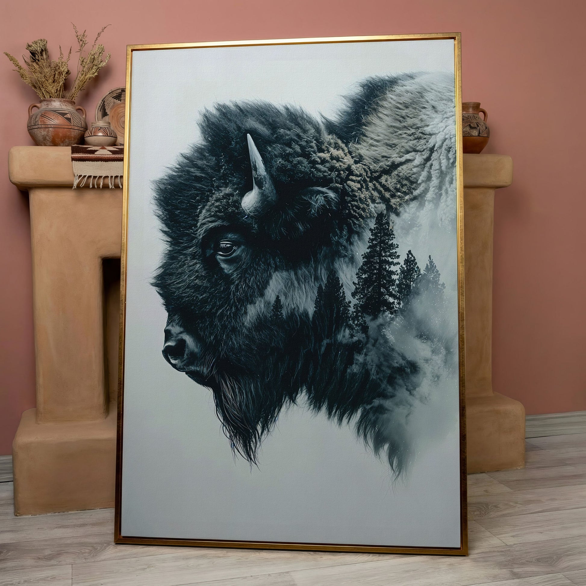 American Buffalo & Foggy Forest Double Exposure Canvas in rose gold floating frame