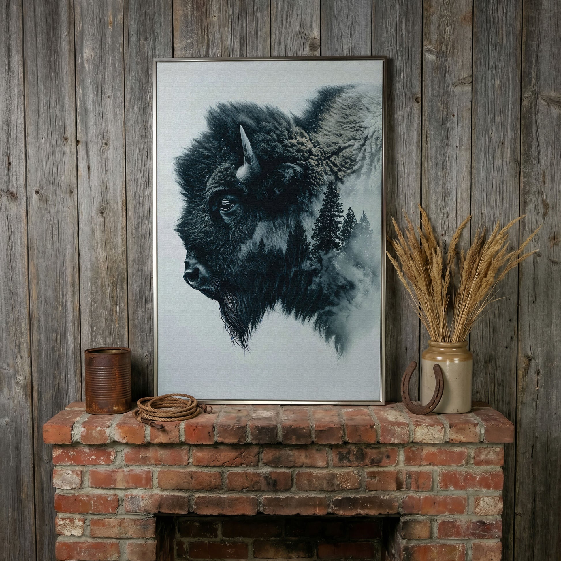 American Buffalo & Foggy Forest Double Exposure Canvas in silver floating frame