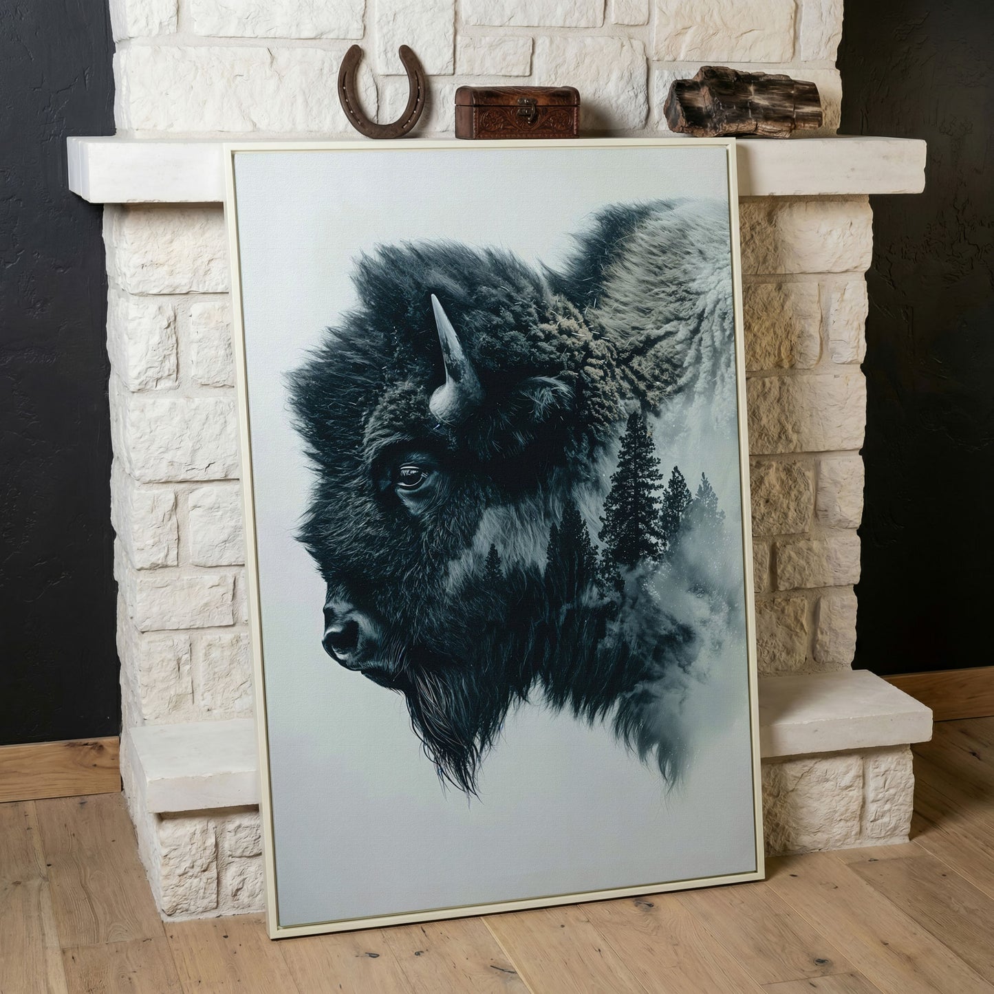 American Buffalo & Foggy Forest Double Exposure Canvas in white floating frame