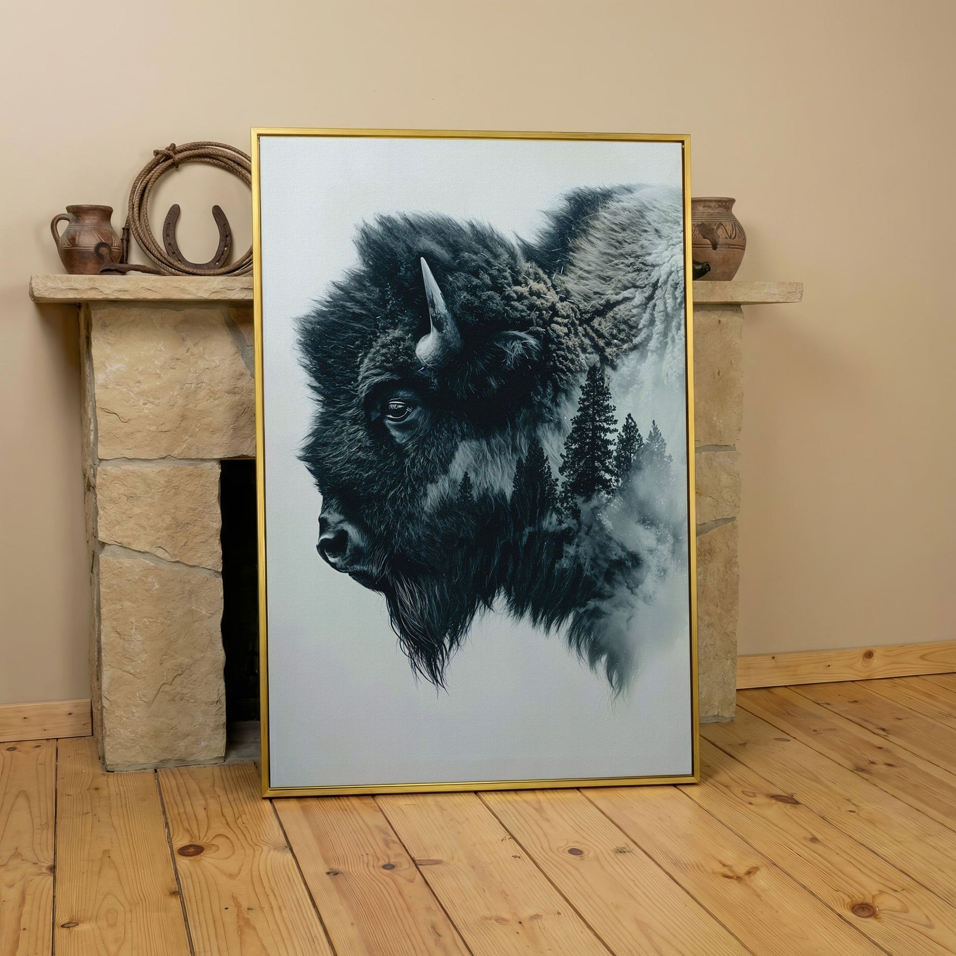 American Buffalo & Foggy Forest Double Exposure Canvas in yellow gold floating frame
