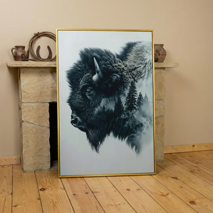 American Buffalo & Foggy Forest Double Exposure Canvas in yellow gold floating frame