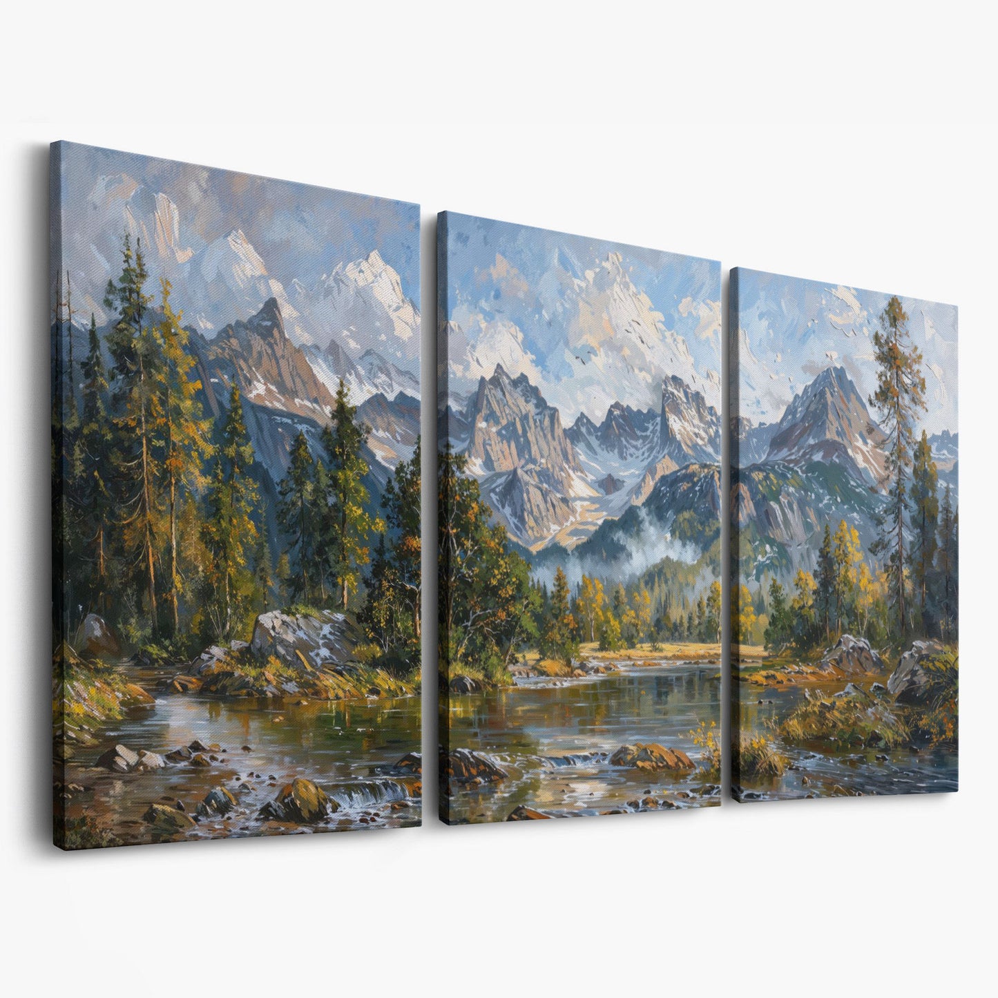 Mountain Landscape with River and Green Trees Canvas as 3-panel split version