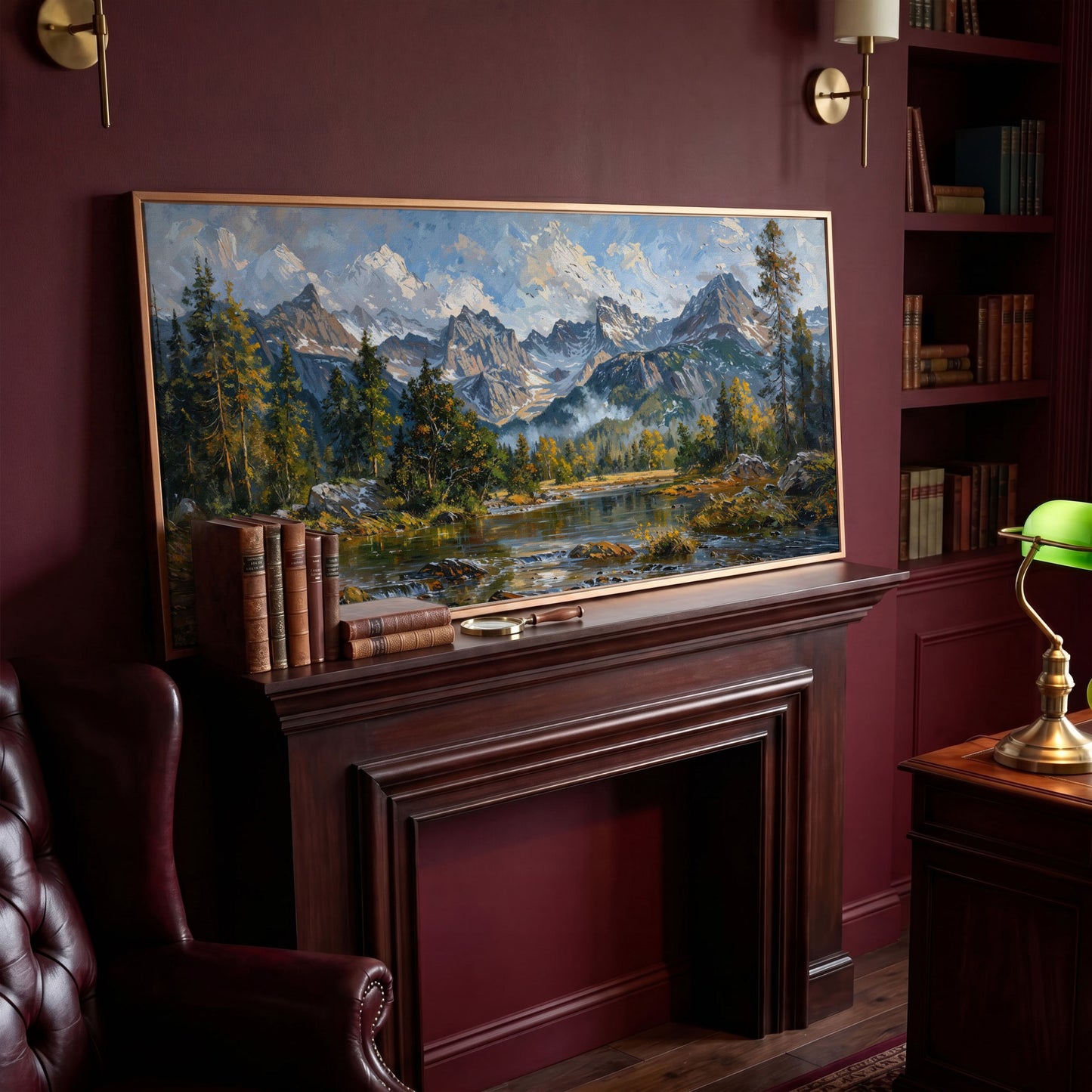 Mountain Landscape with River and Green Trees Canvas in antique gold floating frame