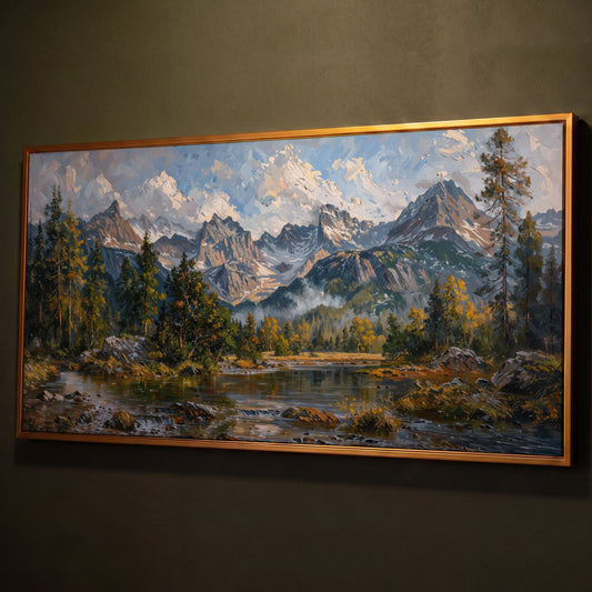 Mountain Landscape with River and Green Trees Canvas shown in antique gold floating frame