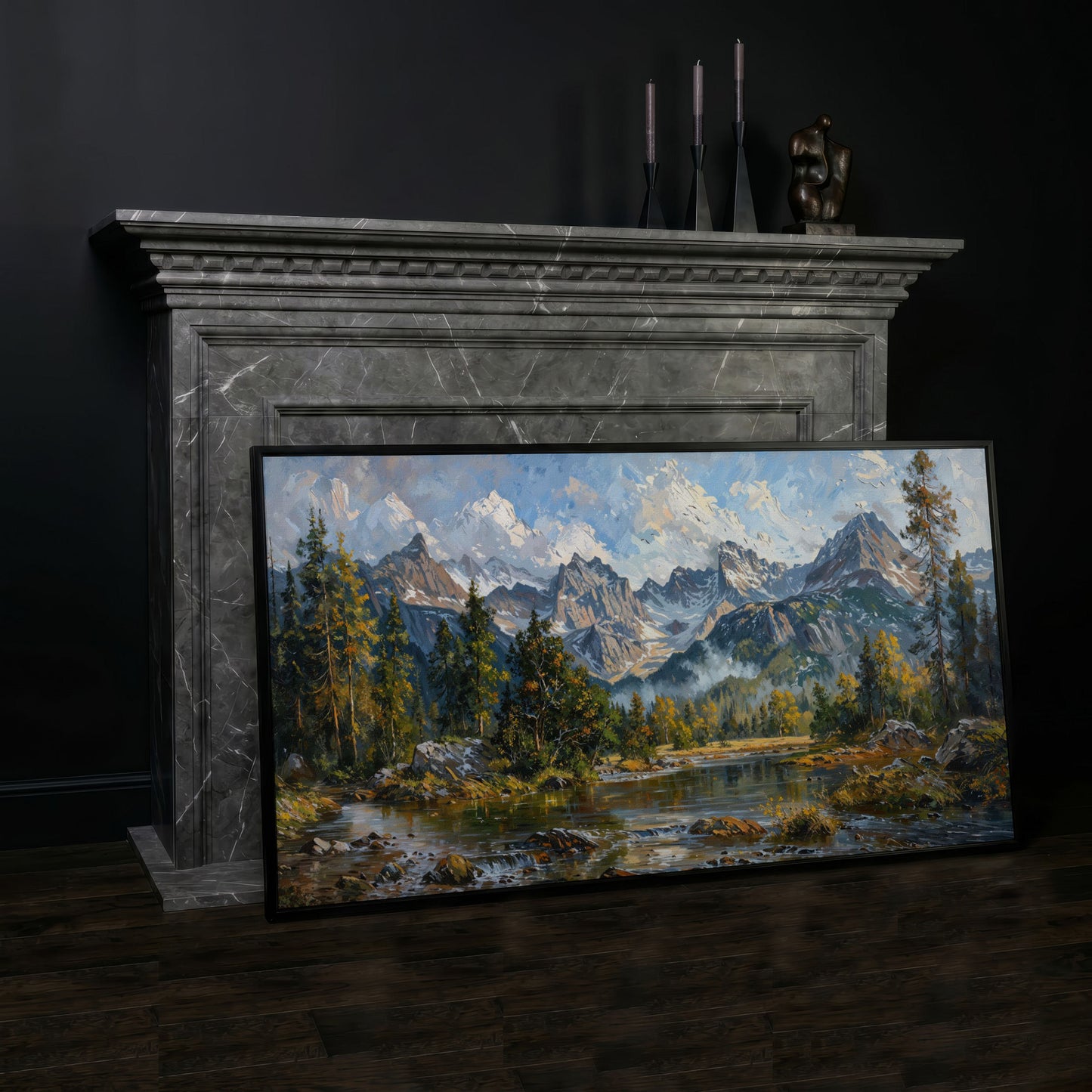 Mountain Landscape with River and Green Trees Canvas in black floating frame