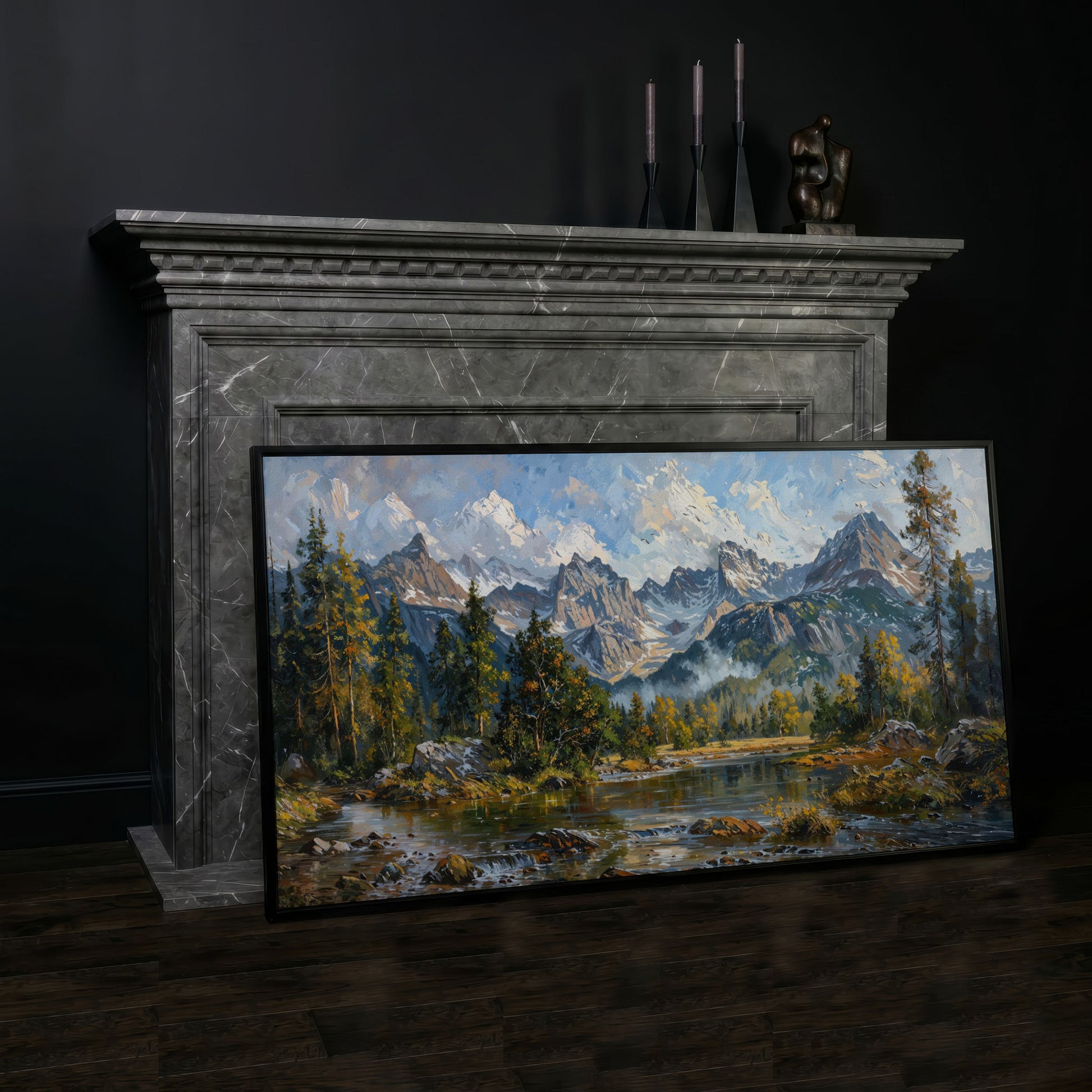Mountain Landscape with River and Green Trees Canvas in black floating frame