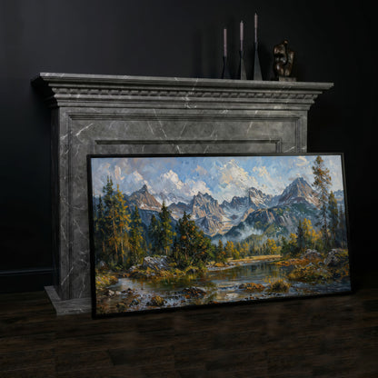 Mountain Landscape with River and Green Trees Canvas in black floating frame