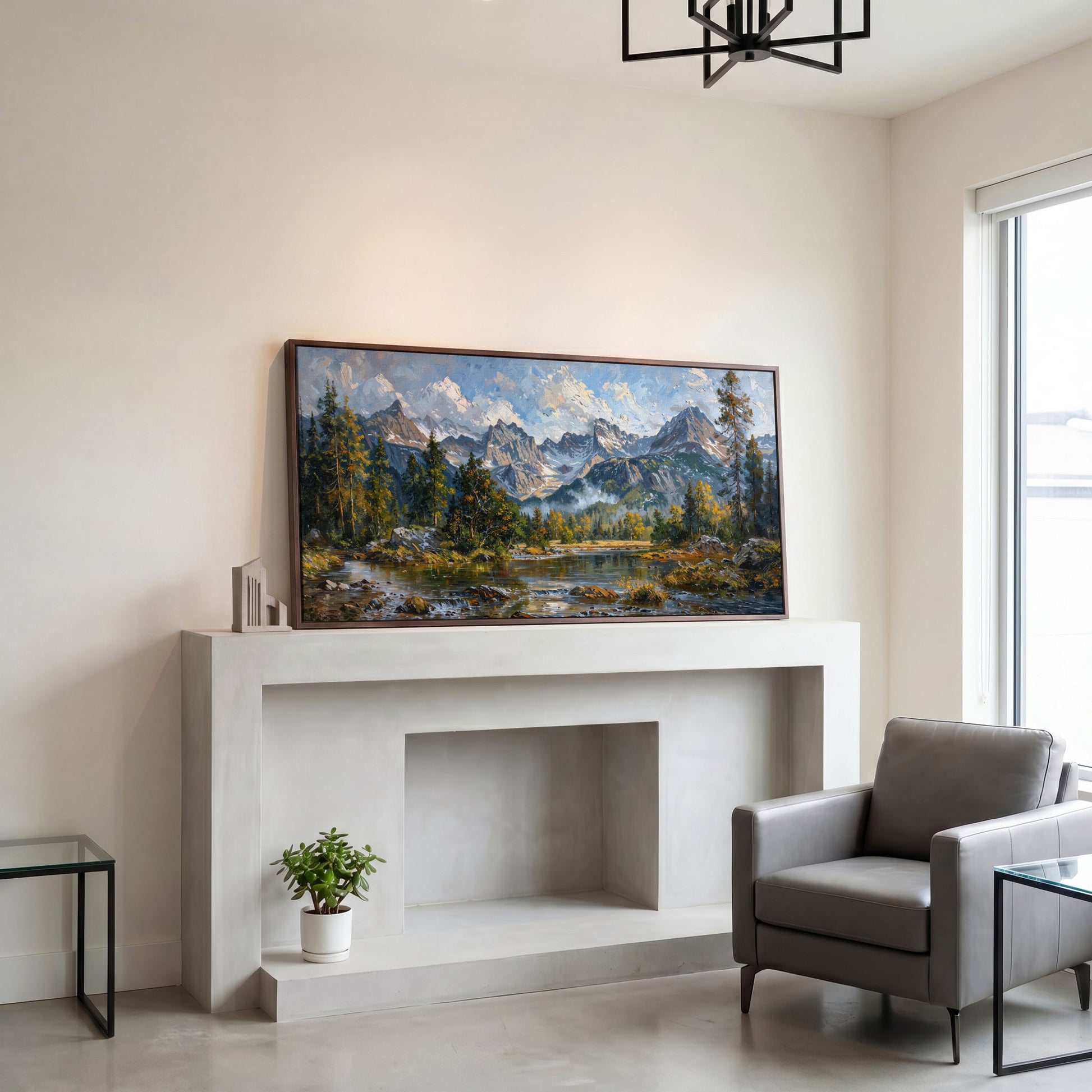 Mountain Landscape with River and Green Trees Canvas in dark walnut floating frame