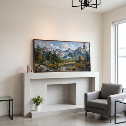 Mountain Landscape with River and Green Trees Canvas in dark walnut floating frame