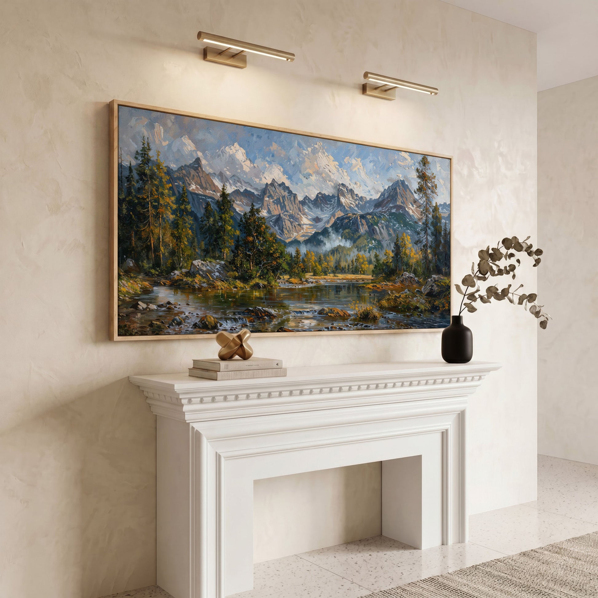 Mountain Landscape with River and Green Trees Canvas in white oak floating frame