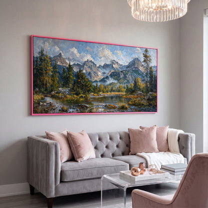 Mountain Landscape with River and Green Trees Canvas in pink floating frame