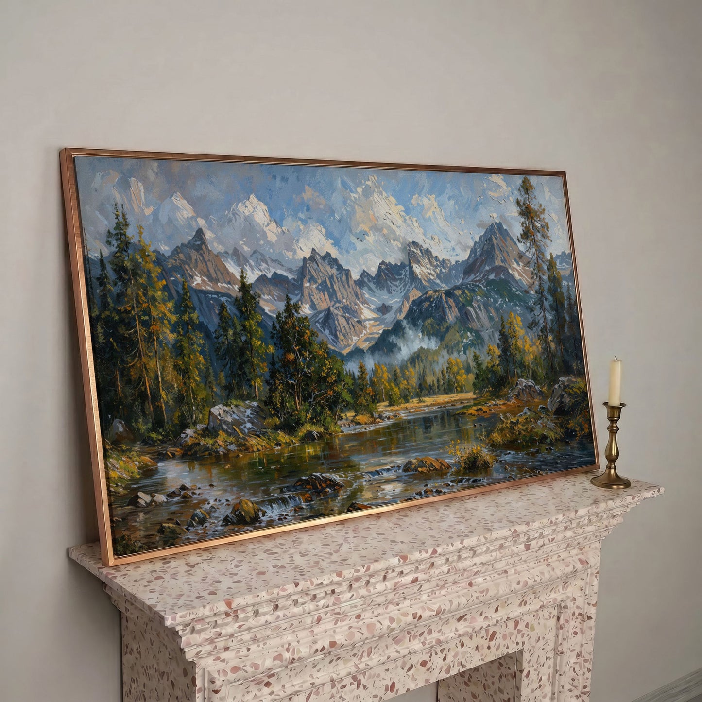 Mountain Landscape with River and Green Trees Canvas in rose gold floating frame