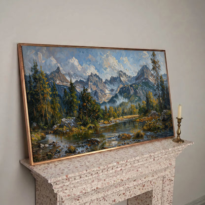 Mountain Landscape with River and Green Trees Canvas in rose gold floating frame