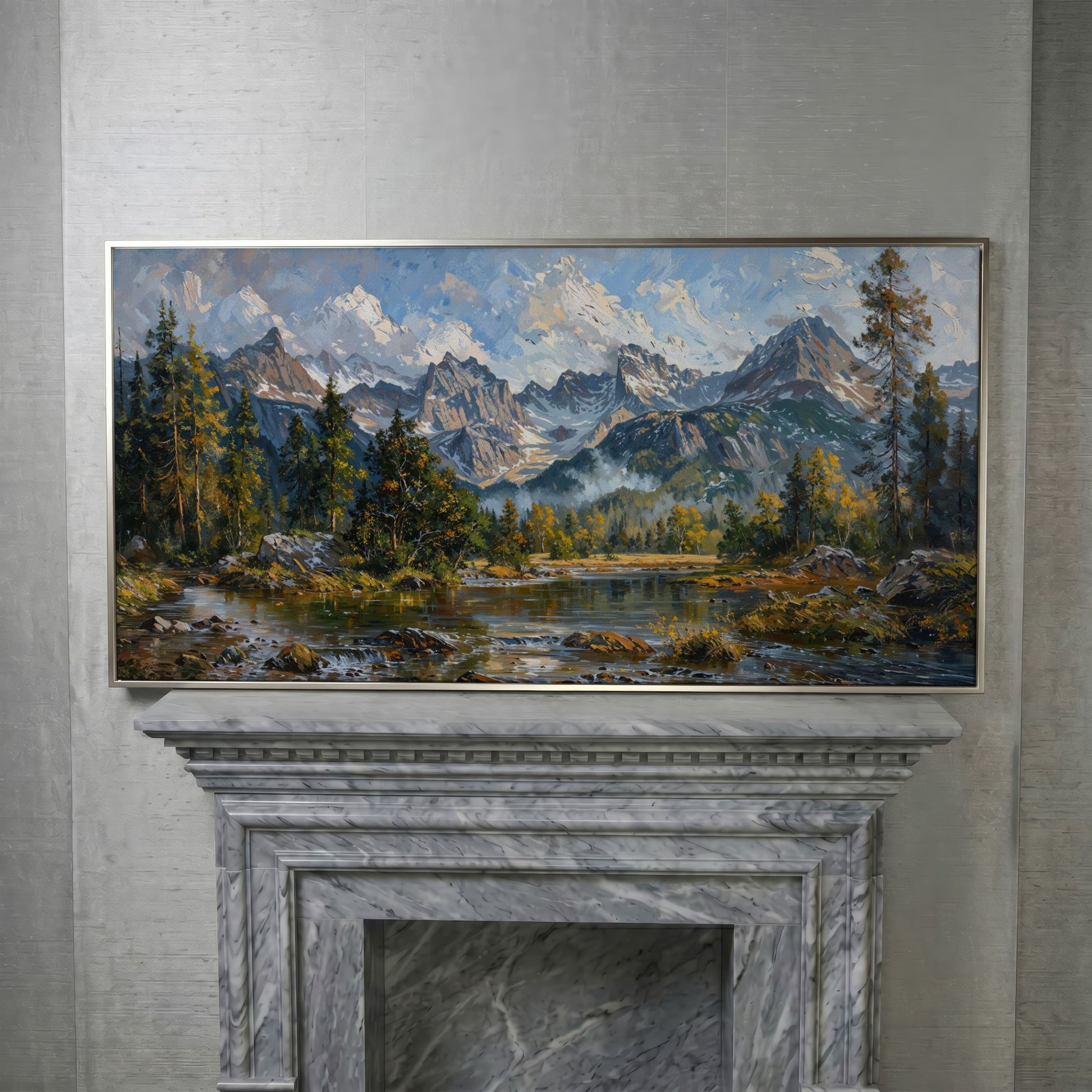 Mountain Landscape with River and Green Trees Canvas in silver floating frame