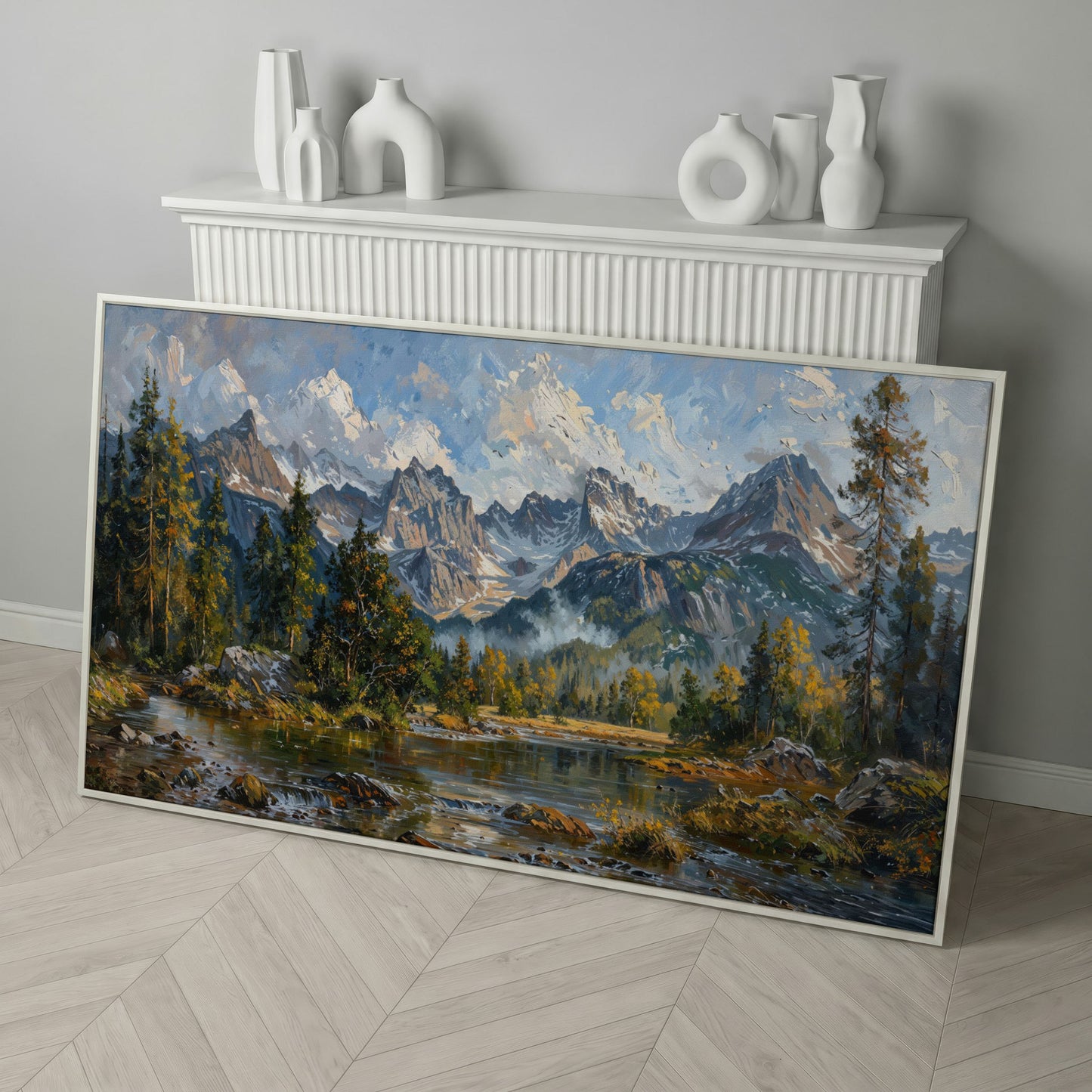 Mountain Landscape with River and Green Trees Canvas in white floating frame
