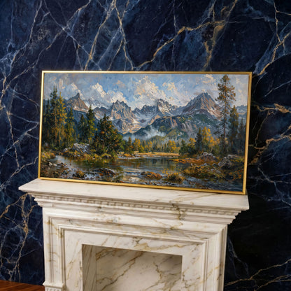 Mountain Landscape with River and Green Trees Canvas in yellow gold floating frame