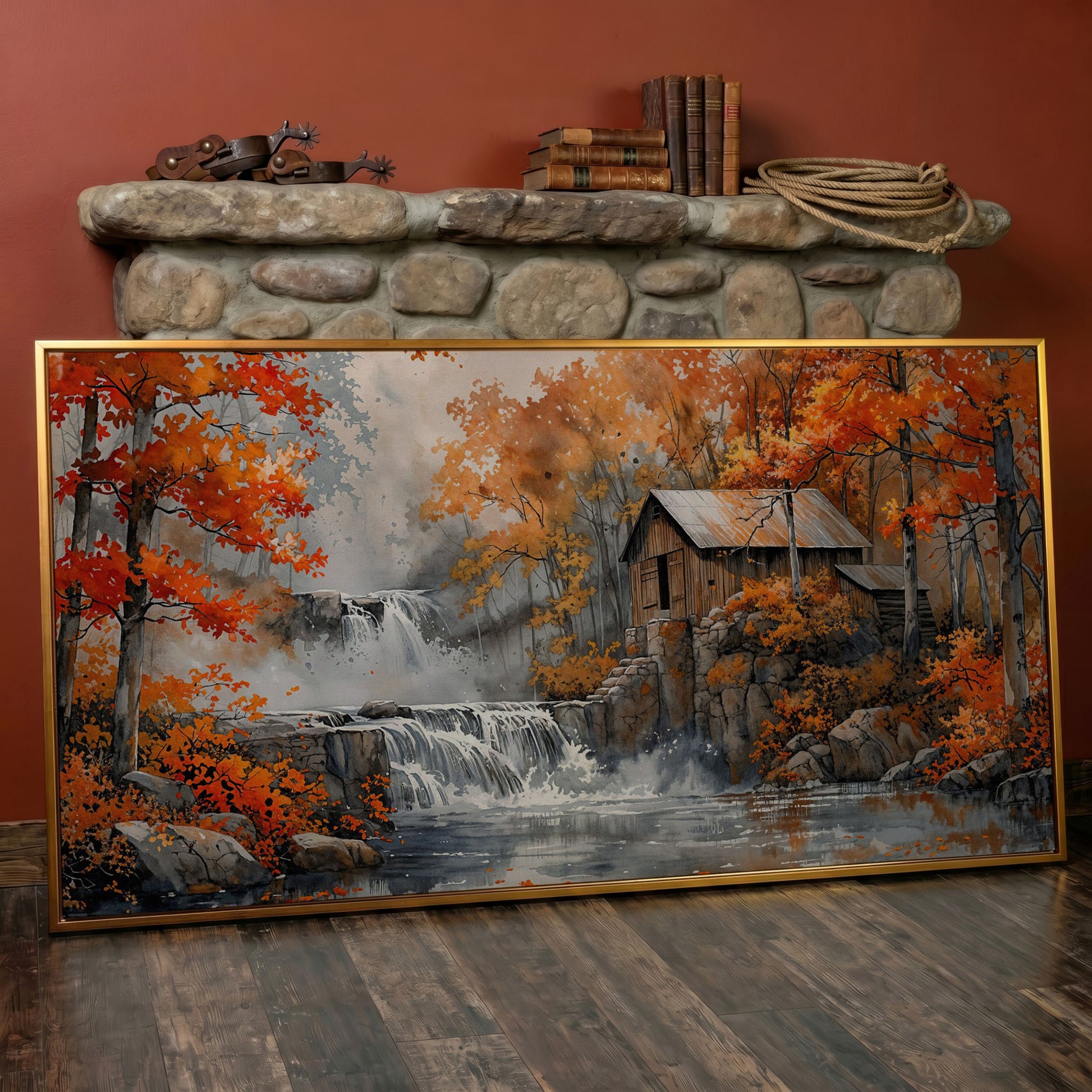 Rustic Cabin by a Waterfall in Autumn Forest Canvas Art in antique gold floating frame