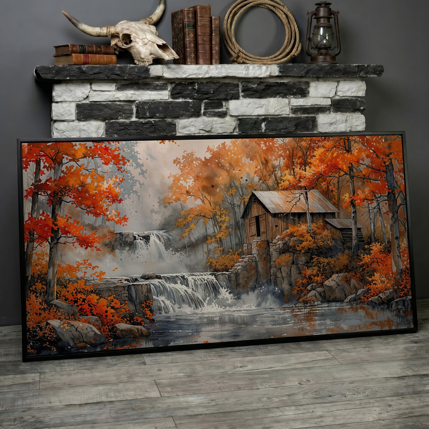 Rustic Cabin by a Waterfall in Autumn Forest Canvas Art in black floating frame