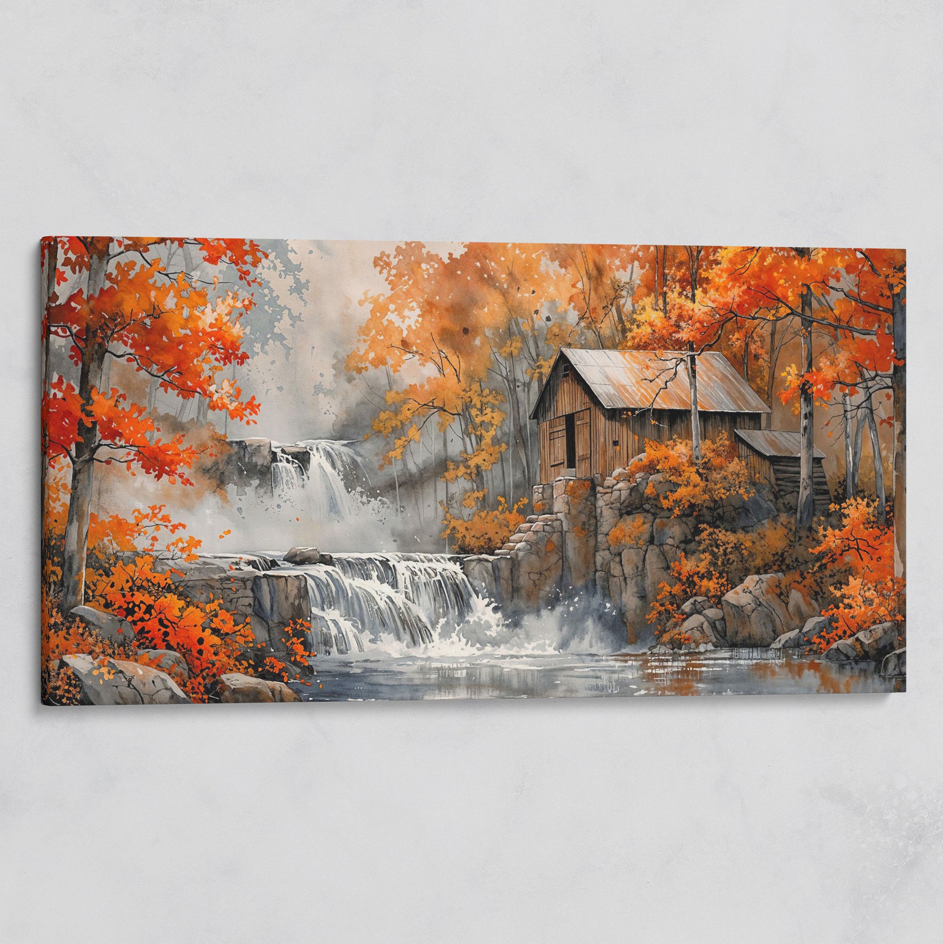 Rustic Cabin by a Waterfall in Autumn Forest Canvas Art on gallery wrap