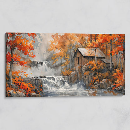 Rustic Cabin by a Waterfall in Autumn Forest Canvas Art on gallery wrap