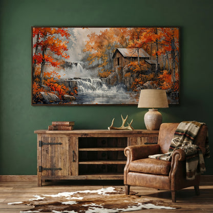 Rustic Cabin by a Waterfall in Autumn Forest Canvas Art in dark walnut floating frame
