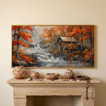 Rustic Cabin by a Waterfall in Autumn Forest Canvas Art in white oak floating frame