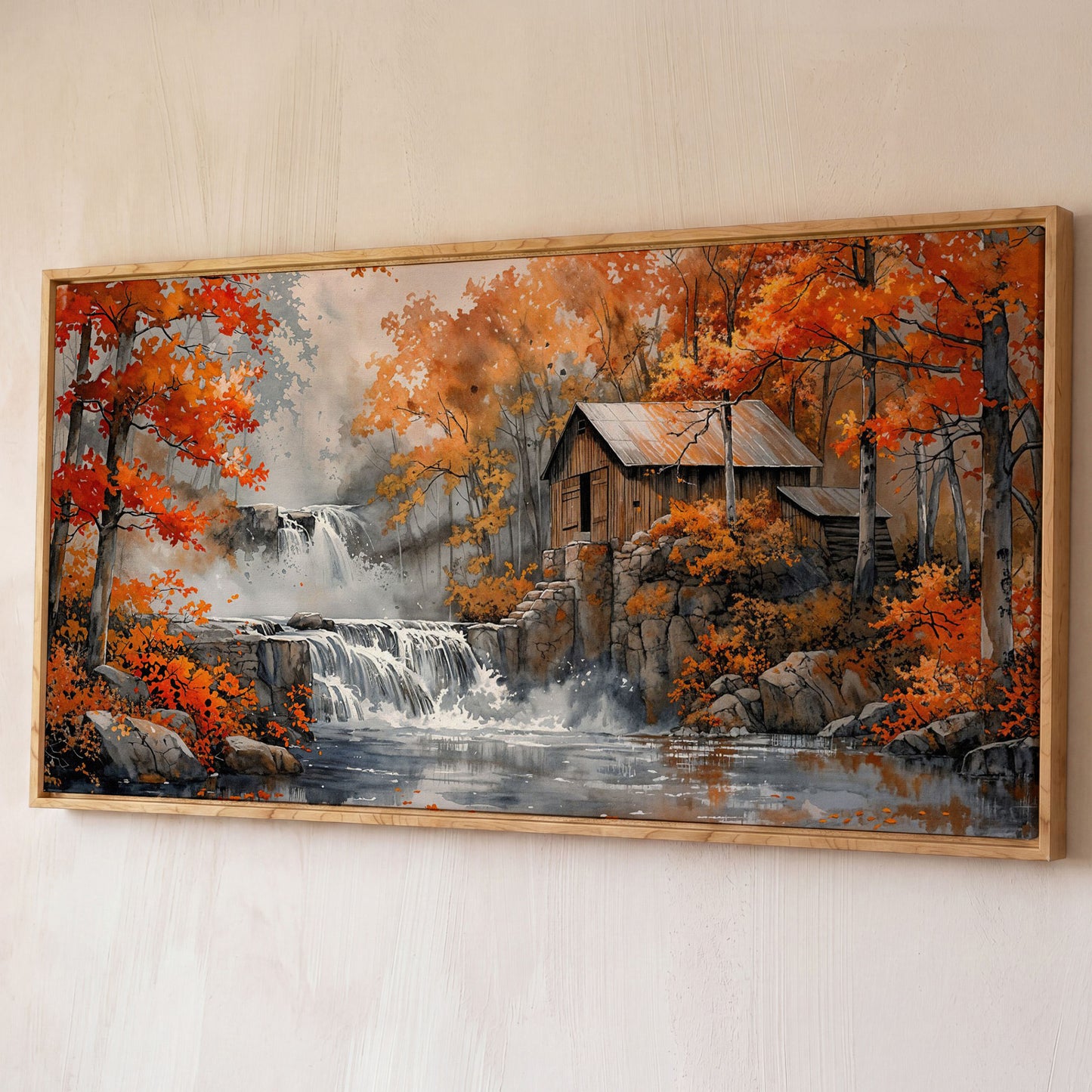 Rustic Cabin by a Waterfall in Autumn Forest Canvas Art shown in white oak floating frame