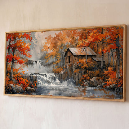 Rustic Cabin by a Waterfall in Autumn Forest Canvas Art shown in white oak floating frame