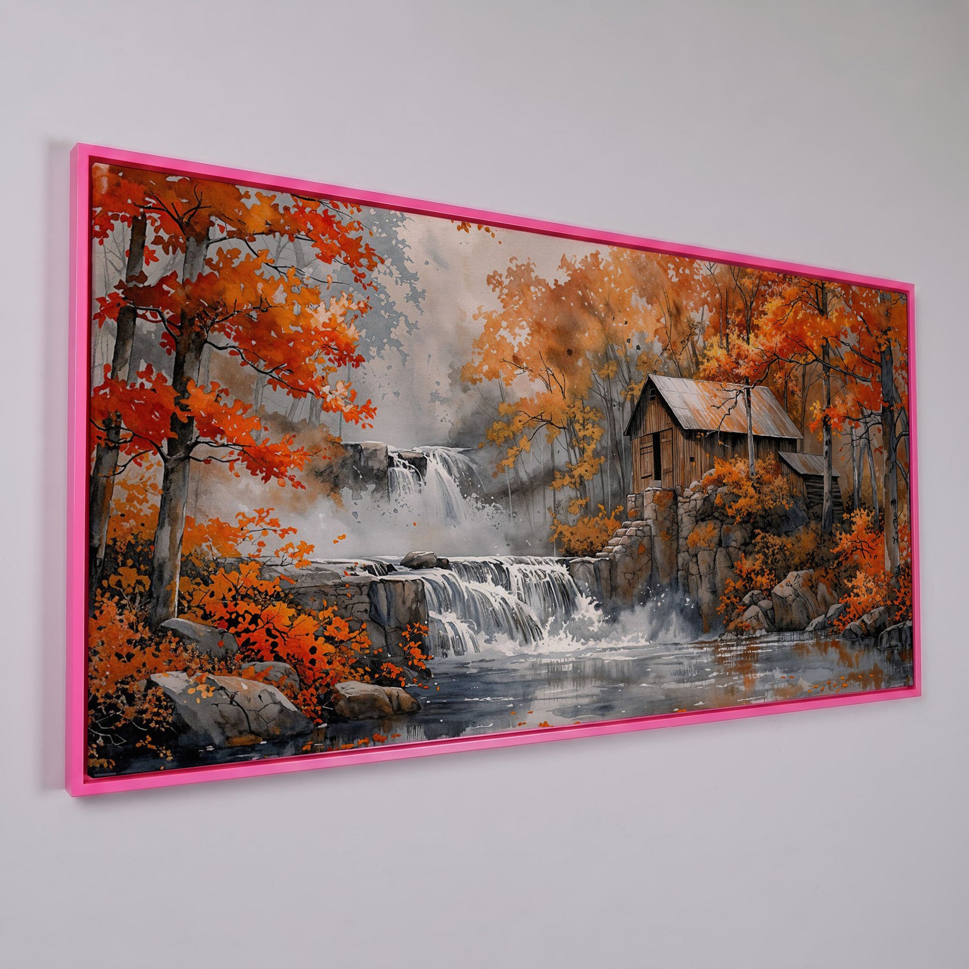 Rustic Cabin by a Waterfall in Autumn Forest Canvas Art in pink floating frame