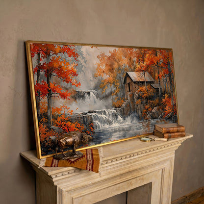 Rustic Cabin by a Waterfall in Autumn Forest Canvas Art in rose gold floating frame