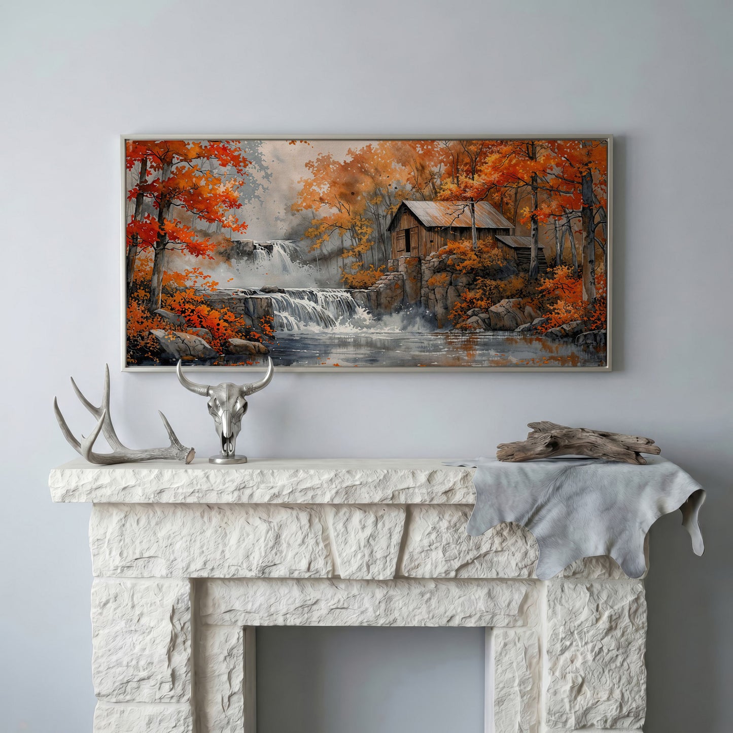 Rustic Cabin by a Waterfall in Autumn Forest Canvas Art in silver floating frame